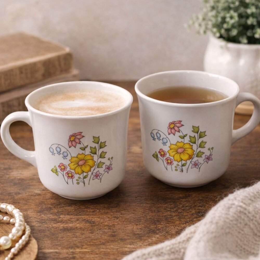 VTG Floral Corelle Wildflower Coffee/Tea‎ Mugs Set Of 2 White Retro Kitchenware